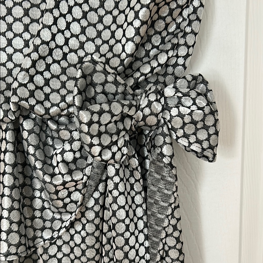 Vintage Silver and Dark Grey Patterned Dress with Bow and Ruffle